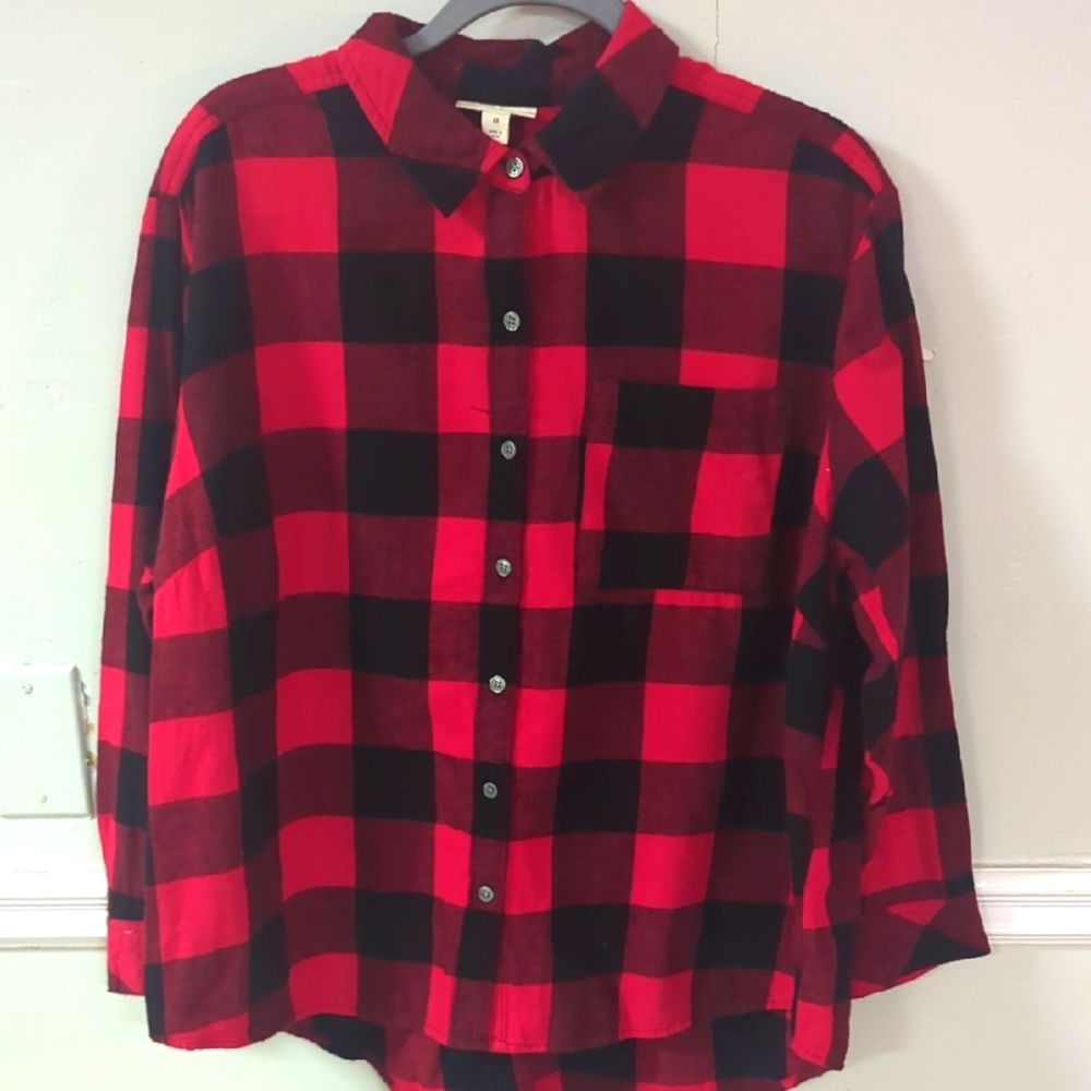 Red and Black Plaid Button-Up Shirt